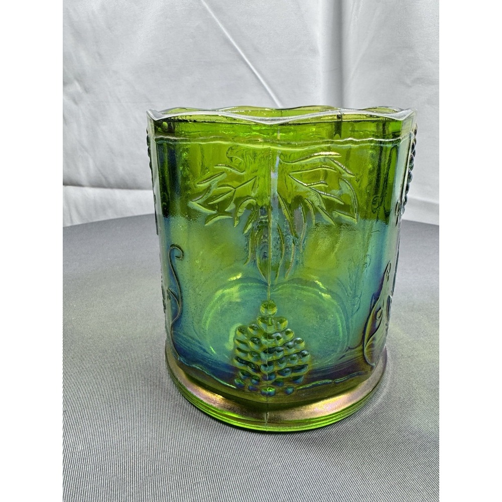 Indiana Carnival Glass Iridescent Lime Green Canister Jar  Vintage Harvest Grape - Picture 2 of 5
